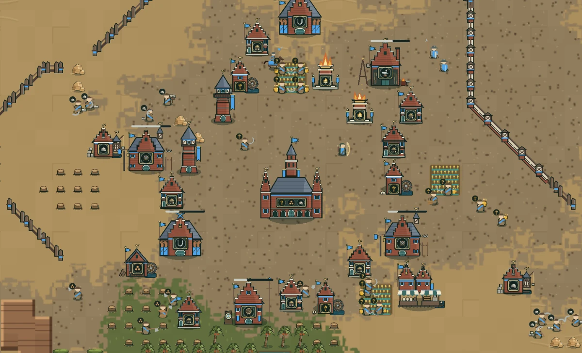 A settlement on the sand of a Desert Oases map, with palms, fields of grain, and Laborers at work.