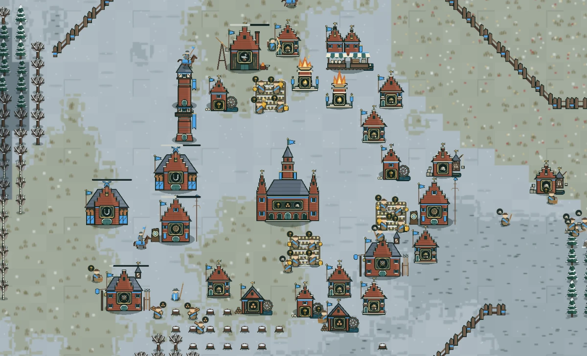 A settlement in the snow on a Frozen Lakes map: brick halls, fields, beacons, and snowy pines.